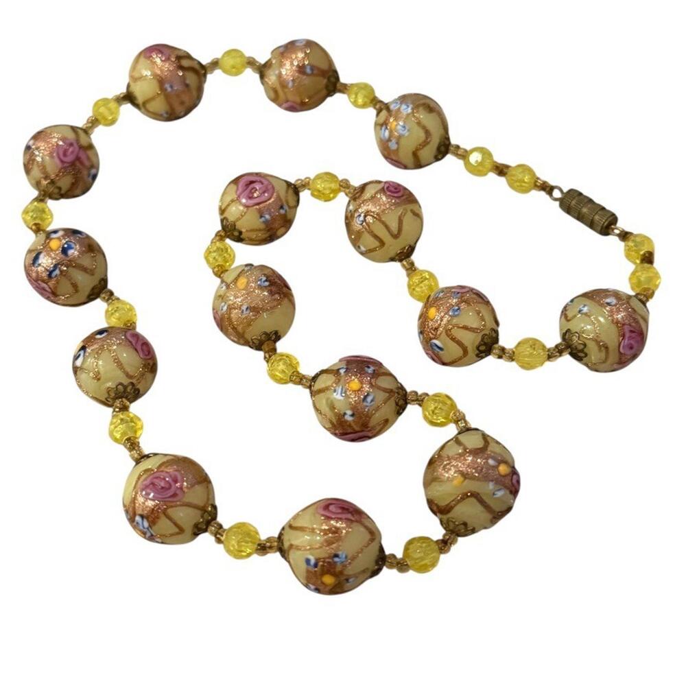 Vintage Birthday Cake Necklace Italian Murano Art Glass RARE Yellow Pink Boho